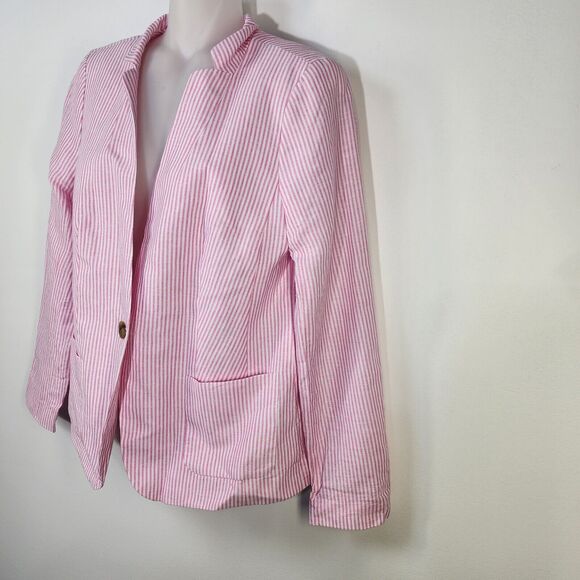 Talbots Woman Aberdeen Blazer Jacket Size 6 Linen Blend Pink Stripes Pockets - Picture 4 of 12